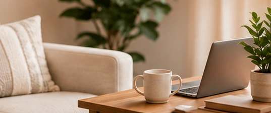 Cozy telehealth office with a laptop, mug and plants